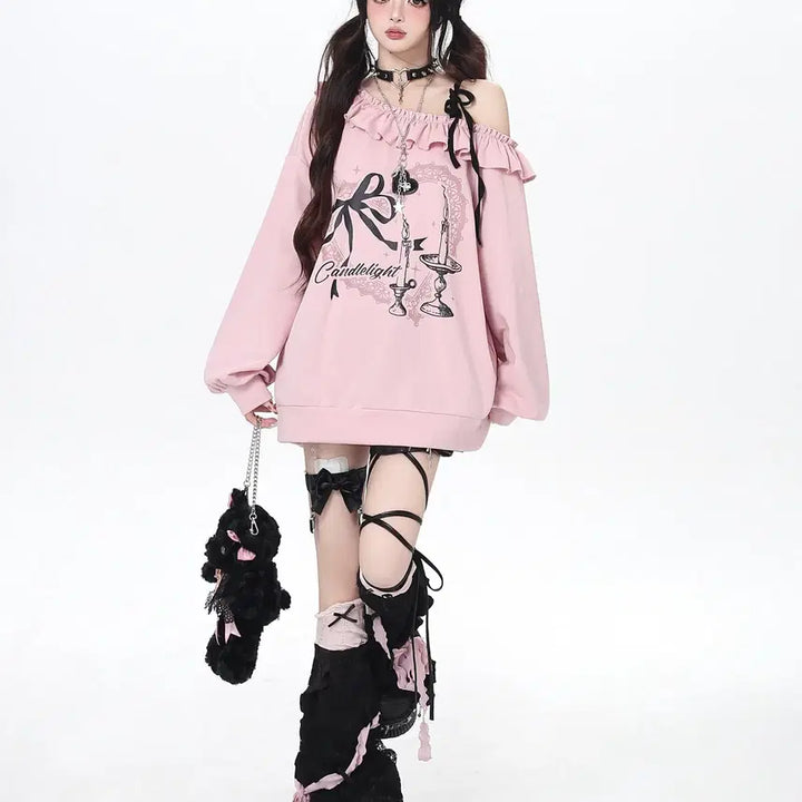 [BUNJANG] CRAZYGIRL One-Shoulder Ribbon Oversized T-Shirt / CRAZYGIRL 서브컬쳐 원숄더 리본 장식 오버핏 티셔츠