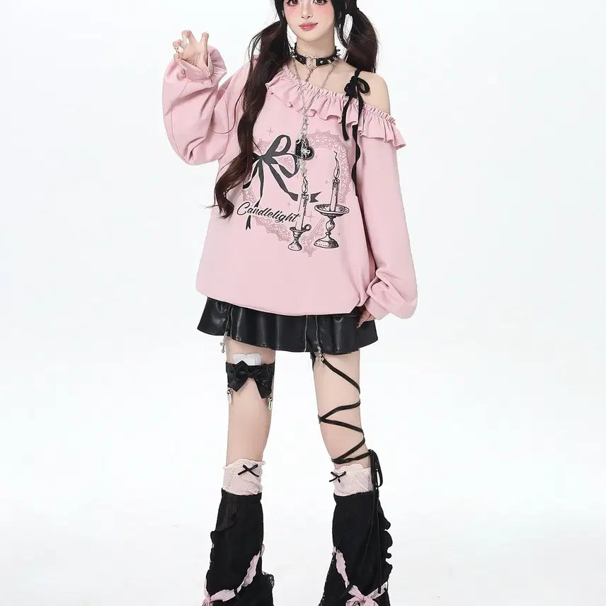 [BUNJANG] CRAZYGIRL One-Shoulder Ribbon Oversized T-Shirt / CRAZYGIRL 서브컬쳐 원숄더 리본 장식 오버핏 티셔츠