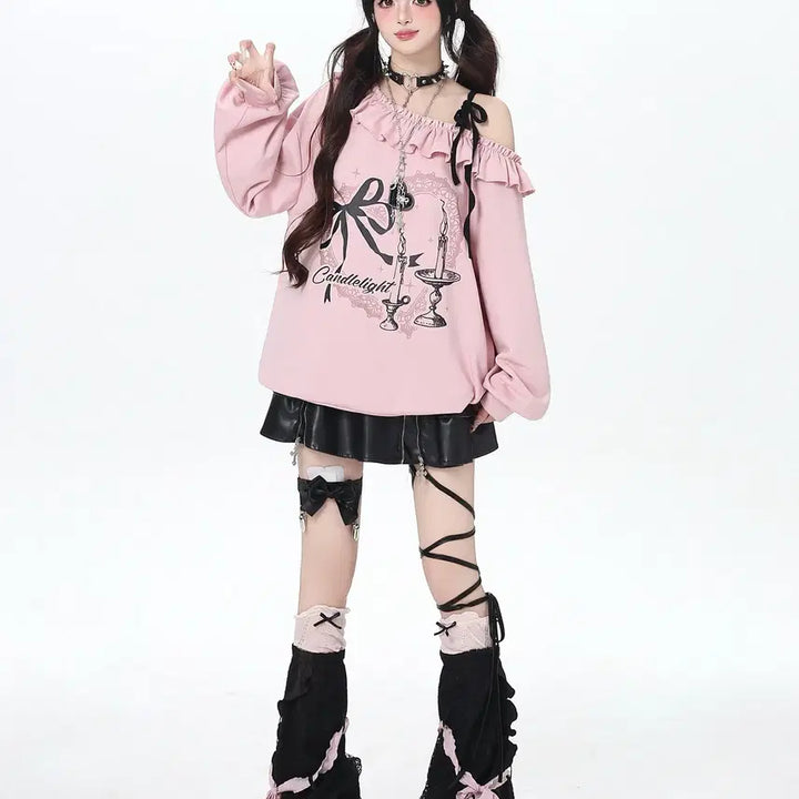 [BUNJANG] CRAZYGIRL One-Shoulder Ribbon Oversized T-Shirt / CRAZYGIRL 서브컬쳐 원숄더 리본 장식 오버핏 티셔츠