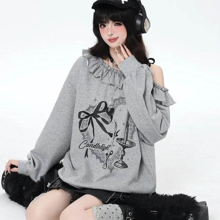 [BUNJANG] CRAZYGIRL One-Shoulder Ribbon Oversized T-Shirt / CRAZYGIRL 서브컬쳐 원숄더 리본 장식 오버핏 티셔츠