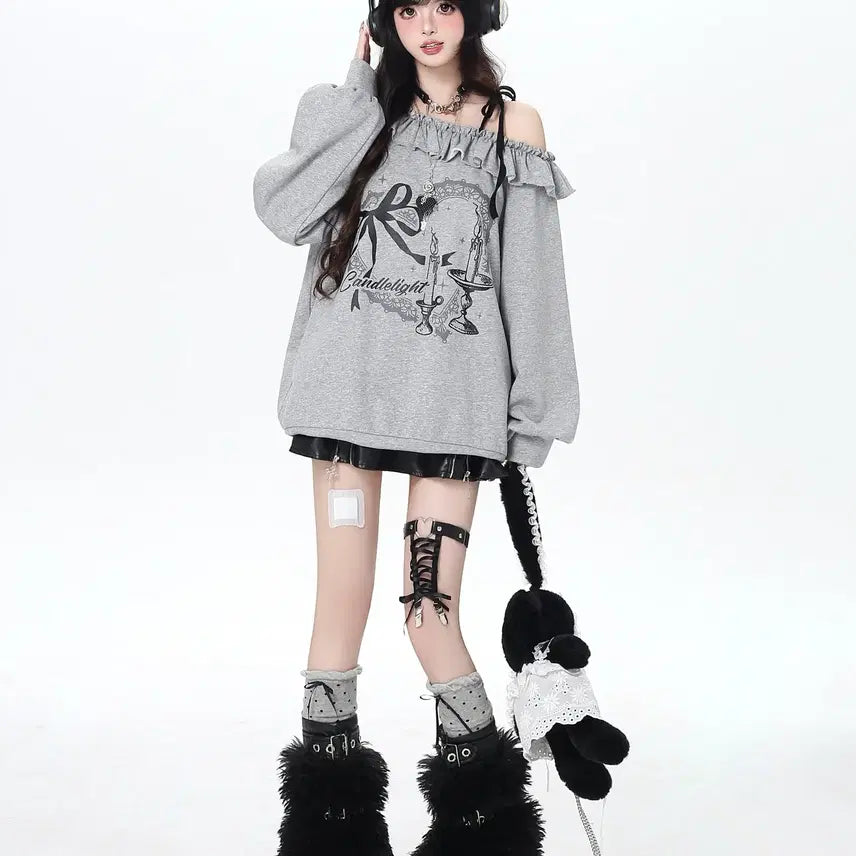 [BUNJANG] CRAZYGIRL One-Shoulder Ribbon Oversized T-Shirt / CRAZYGIRL 서브컬쳐 원숄더 리본 장식 오버핏 티셔츠