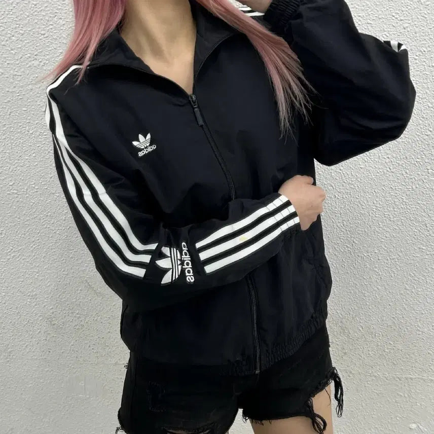 [BUNJANG] Adidas White Line Black Windbreaker Jacket M / 아디다스 화이트라인 블랙 바람막이 M