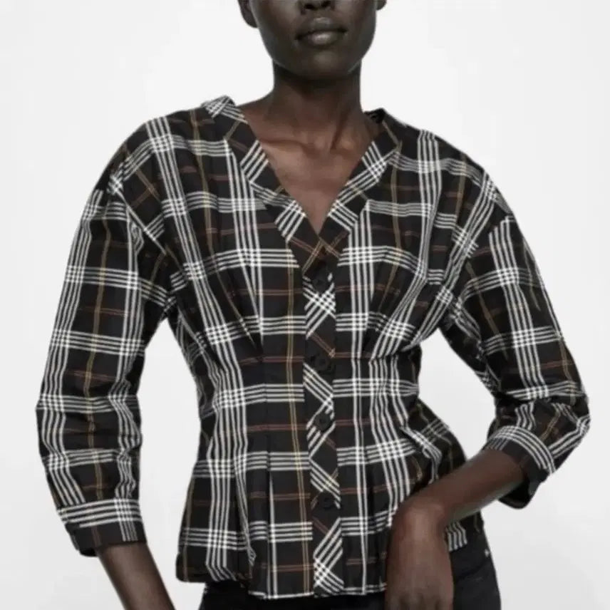 [BUNJANG] ZARA Plaid Pleated Blouse / 자라 체크 플리츠 블라우스