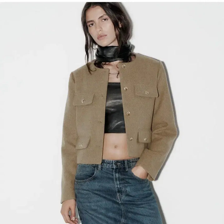 [BUNJANG] ZARA Flap Crop Blazer XS Light Khaki / ZARA 자라 플랩 크롭 블레이저 XS 라이트카키