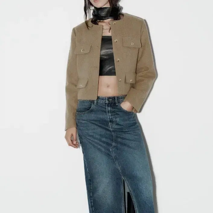 [BUNJANG] ZARA Flap Crop Blazer XS Light Khaki / ZARA 자라 플랩 크롭 블레이저 XS 라이트카키