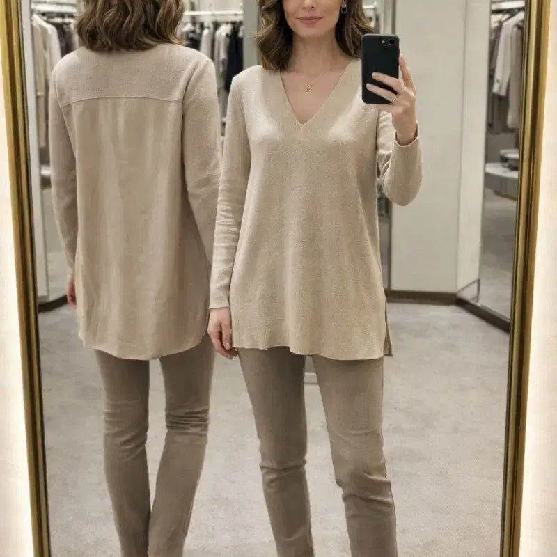 [BUNJANG] TIME Beige V-neck Knit Sweater / 한섬 TIME 베이지 브이넥 니트 / 고급 오피스룩 / 55~66