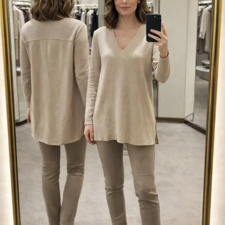 [BUNJANG] TIME Beige V-neck Knit Sweater / 한섬 TIME 베이지 브이넥 니트 / 고급 오피스룩 / 55~66