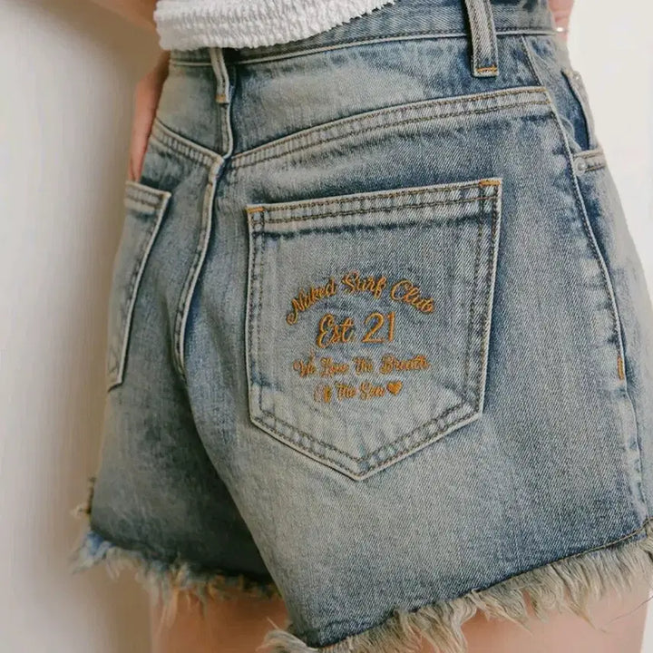 [BUNJANG] Naked Surf Club Lettering Denim Shorts / 네이키드서프클럽 레터링 데님 숏팬츠 1사이즈  핫팬츠 반바지