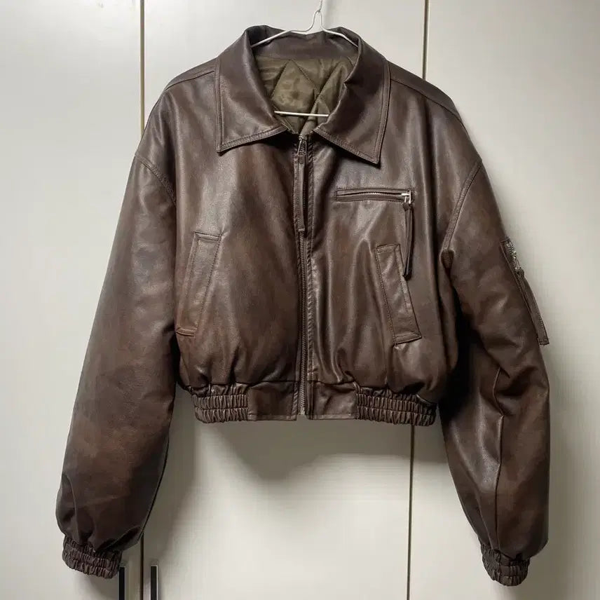 [BUNJANG] Brown Faux Leather Crop Jacket / 브라운 인조 가죽 자켓