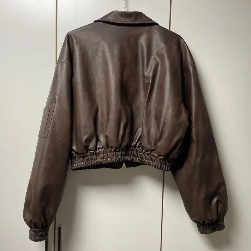 [BUNJANG] Brown Faux Leather Crop Jacket / 브라운 인조 가죽 자켓