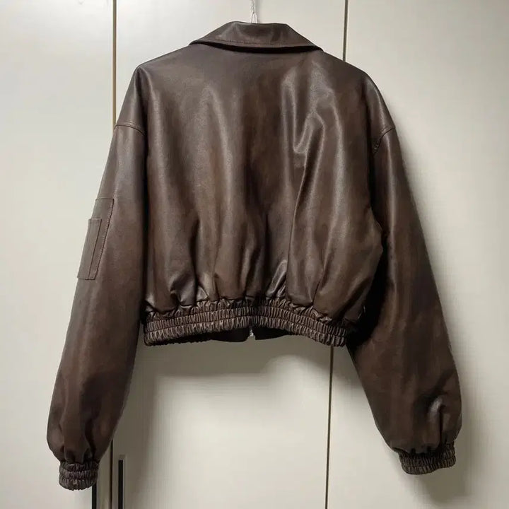 [BUNJANG] Brown Faux Leather Crop Jacket / 브라운 인조 가죽 자켓