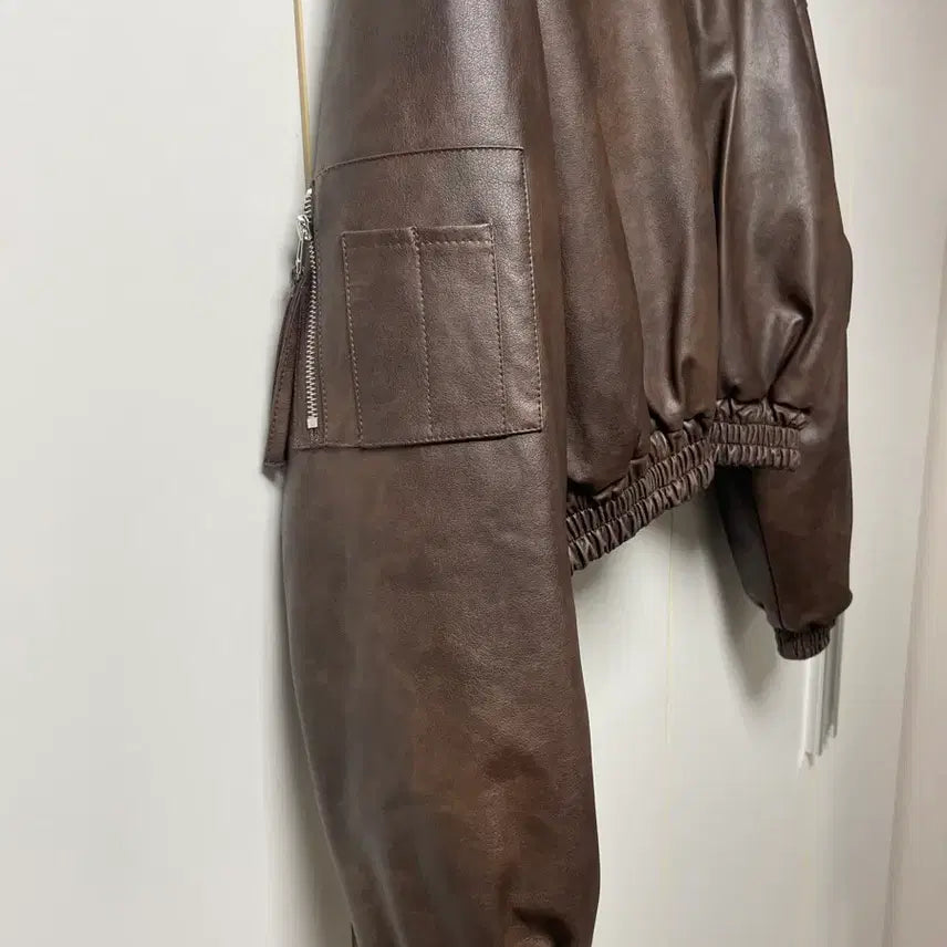 [BUNJANG] Brown Faux Leather Crop Jacket / 브라운 인조 가죽 자켓