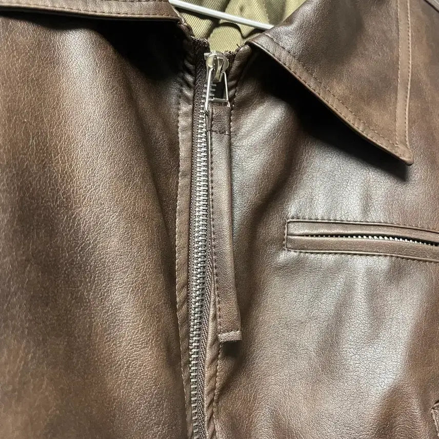 [BUNJANG] Brown Faux Leather Crop Jacket / 브라운 인조 가죽 자켓