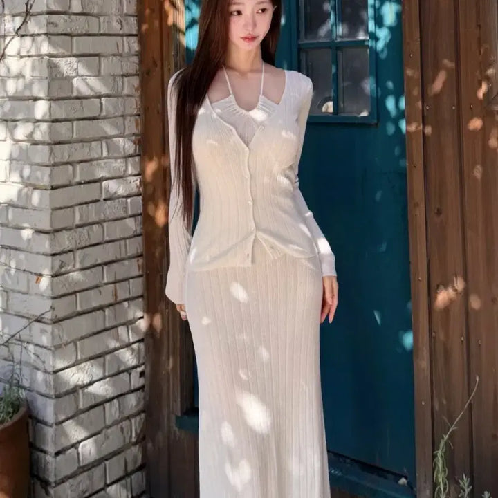 [BUNJANG] KINDAMIE Ribbed Knit Cardigan White / 카인다미 골지 니트 가디건 화이트 FREE