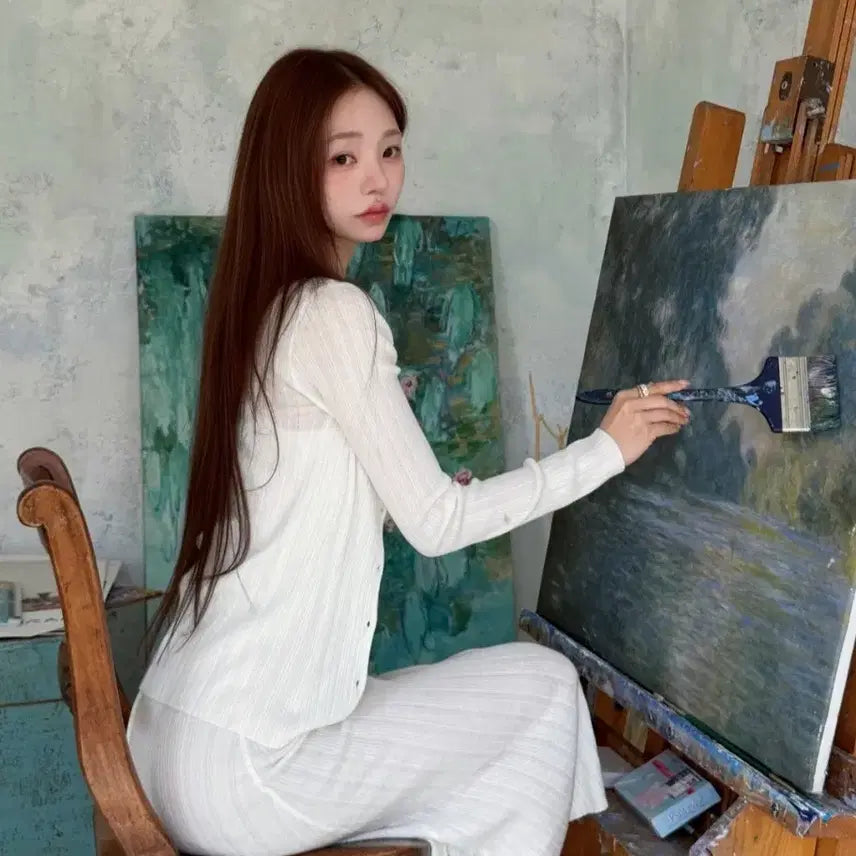 [BUNJANG] KINDAMIE Ribbed Knit Cardigan White / 카인다미 골지 니트 가디건 화이트 FREE