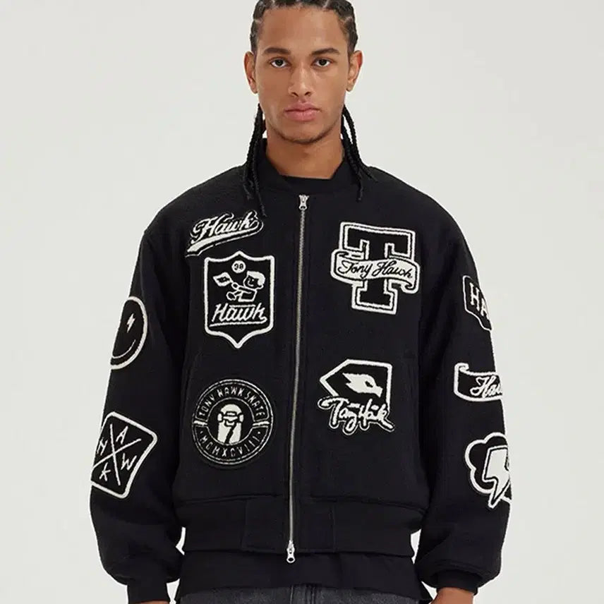 [BUNJANG] Tony Hawk Wool Applique Varsity Jacket Black M / 토니호크 울 아플리케 바시티 자켓 블랙 M