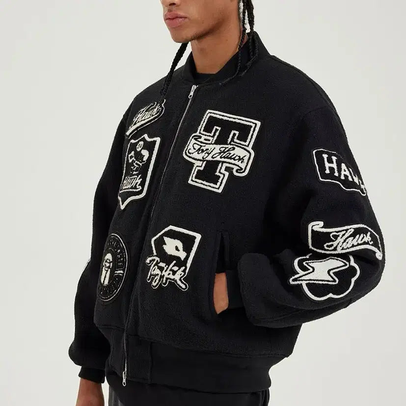 [BUNJANG] Tony Hawk Wool Applique Varsity Jacket Black M / 토니호크 울 아플리케 바시티 자켓 블랙 M