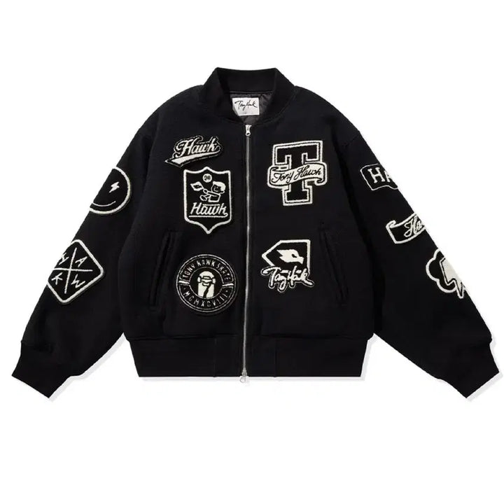 [BUNJANG] Tony Hawk Wool Applique Varsity Jacket Black M / 토니호크 울 아플리케 바시티 자켓 블랙 M