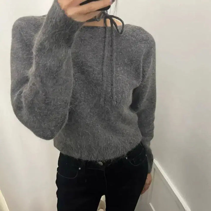 [BUNJANG] Charcoal Ribbon Boat Neck Knit Top / 차콜 리본 보트넥니트
