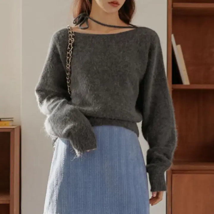 [BUNJANG] Charcoal Ribbon Boat Neck Knit Top / 차콜 리본 보트넥니트