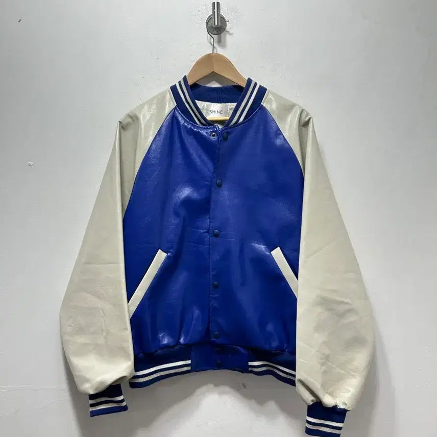 [BUNJANG] SHINE Blue Color Leather Stadium Jacket / SHINE 블루 배색 레더 스타디움 자켓 F