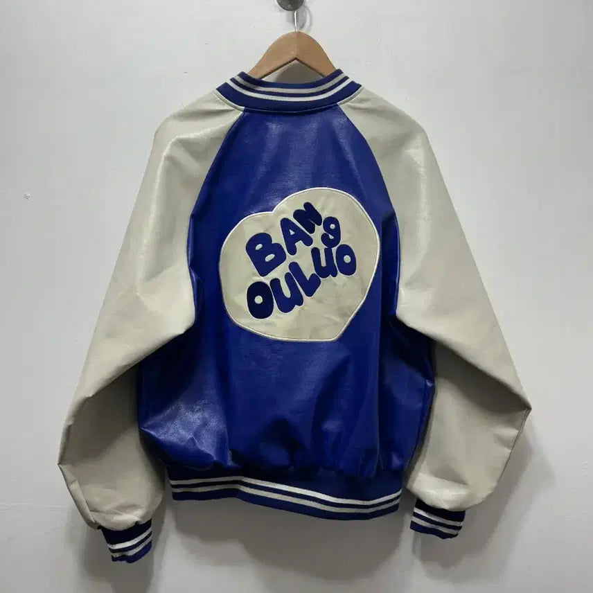 [BUNJANG] SHINE Blue Color Leather Stadium Jacket / SHINE 블루 배색 레더 스타디움 자켓 F