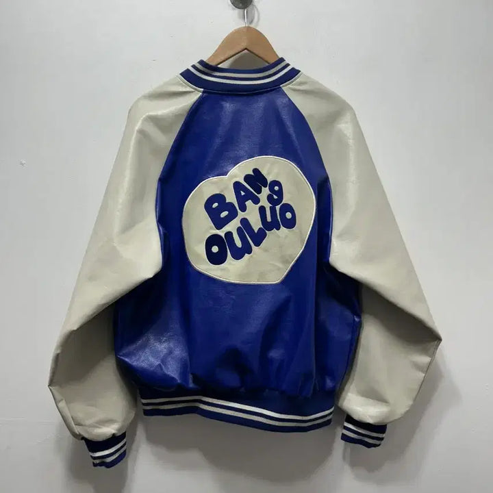 [BUNJANG] SHINE Blue Color Leather Stadium Jacket / SHINE 블루 배색 레더 스타디움 자켓 F