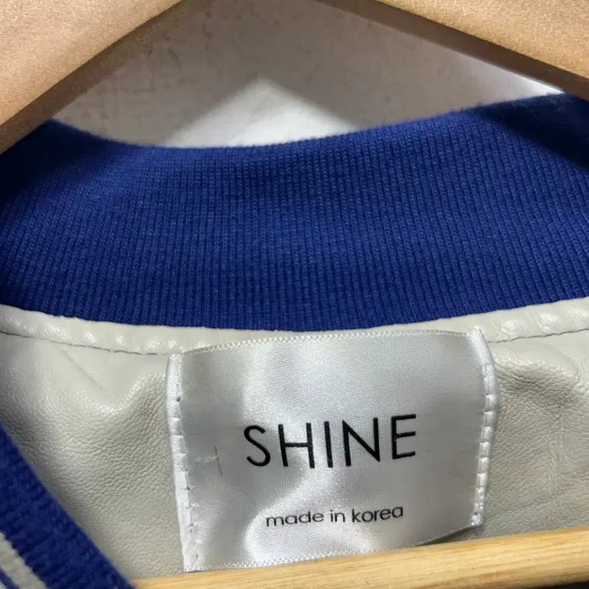 [BUNJANG] SHINE Blue Color Leather Stadium Jacket / SHINE 블루 배색 레더 스타디움 자켓 F