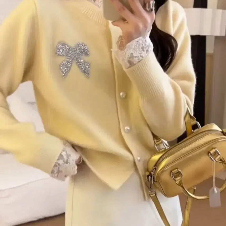 [BUNJANG] Lace Knit Cardigan, Tank Top, and Skirt Set / 레이스 니트 가디건+나시+스커트 SET