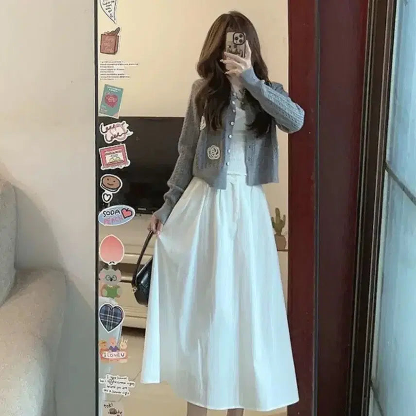 [BUNJANG] Lace Knit Cardigan, Tank Top, and Skirt Set / 레이스 니트 가디건+나시+스커트 SET