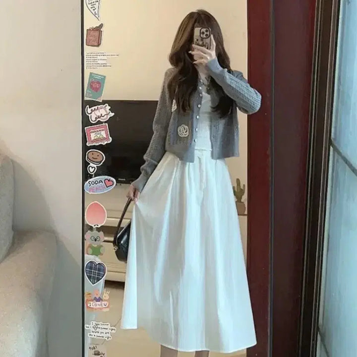[BUNJANG] Lace Knit Cardigan, Tank Top, and Skirt Set / 레이스 니트 가디건+나시+스커트 SET