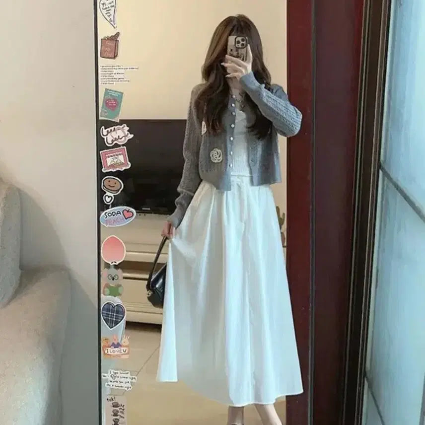 [BUNJANG] Lace Knit Cardigan, Tank Top, and Skirt Set / 레이스 니트 가디건+나시+스커트 SET