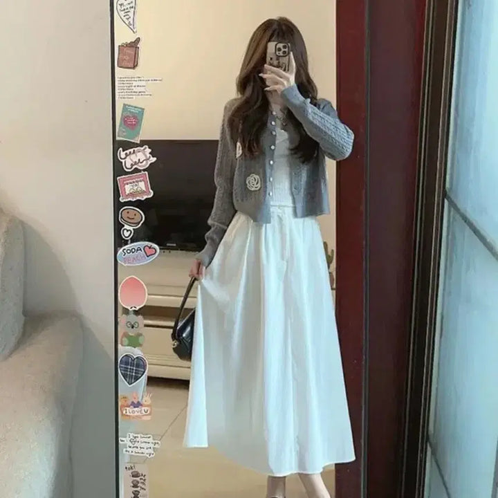 [BUNJANG] Lace Knit Cardigan, Tank Top, and Skirt Set / 레이스 니트 가디건+나시+스커트 SET