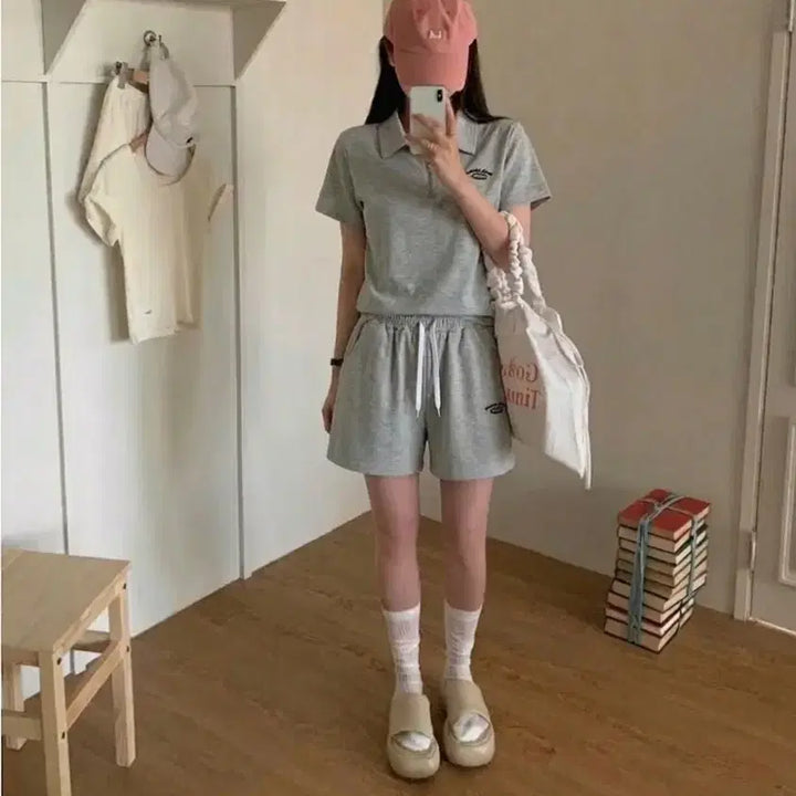 [BUNJANG] Summer One-Mile Wear Half-Zip Short-Sleeve Gray Set / 여름 원마일웨어 홈웨어 잠옷 반집업 반팔 카라 반팔티 반바지 그레이 세트