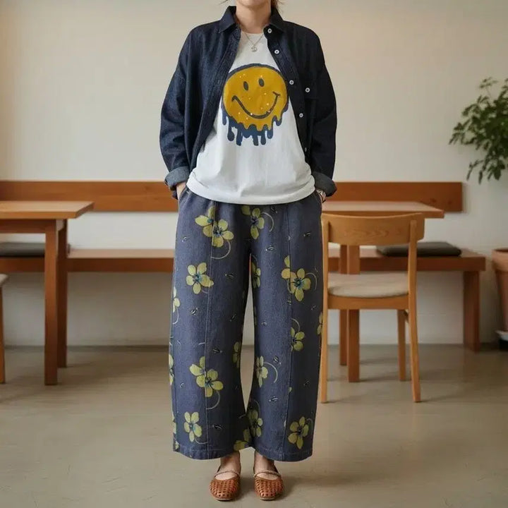 [BUNJANG] Floral Pattern Wide Denim Pants / 플라워 패턴 와이드 데님 팬츠