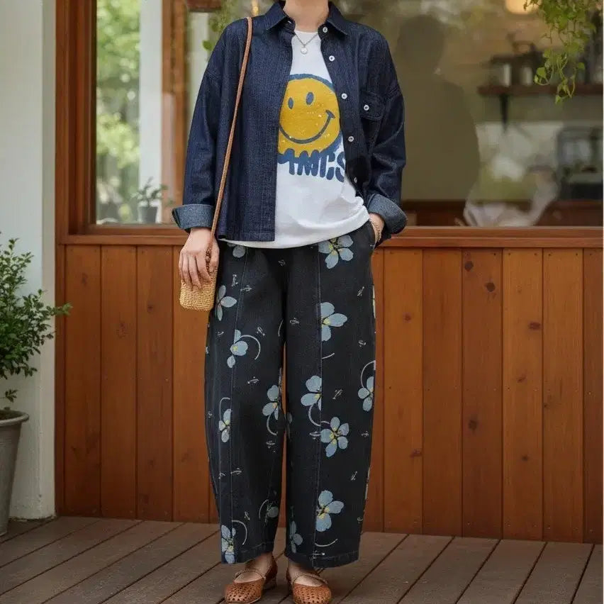 [BUNJANG] Floral Pattern Wide Denim Pants / 플라워 패턴 와이드 데님 팬츠