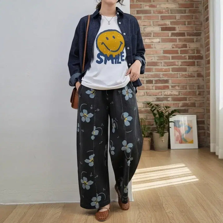 [BUNJANG] Floral Pattern Wide Denim Pants / 플라워 패턴 와이드 데님 팬츠