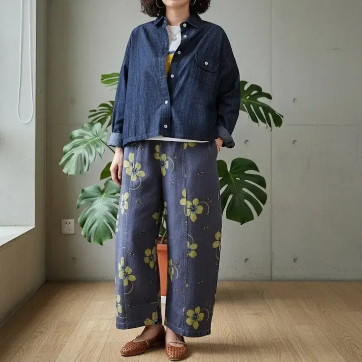 [BUNJANG] Floral Pattern Wide Denim Pants / 플라워 패턴 와이드 데님 팬츠