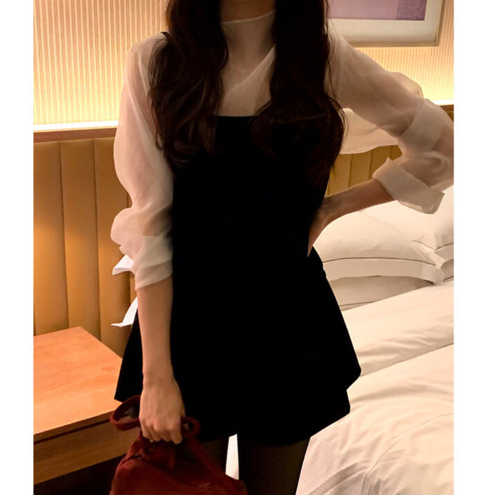 [BUNJANG] Ordinaryment Scarf Blouse and Velvet Mini Dress Set / (1회착용) 오디너리먼트 스카프 블라우스 벨벳 미니 원피스 세트