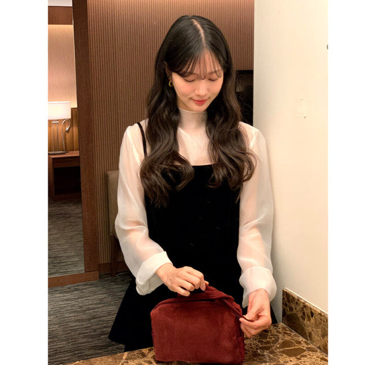 [BUNJANG] Ordinaryment Scarf Blouse and Velvet Mini Dress Set / (1회착용) 오디너리먼트 스카프 블라우스 벨벳 미니 원피스 세트