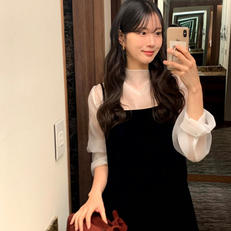 [BUNJANG] Ordinaryment Scarf Blouse and Velvet Mini Dress Set / (1회착용) 오디너리먼트 스카프 블라우스 벨벳 미니 원피스 세트