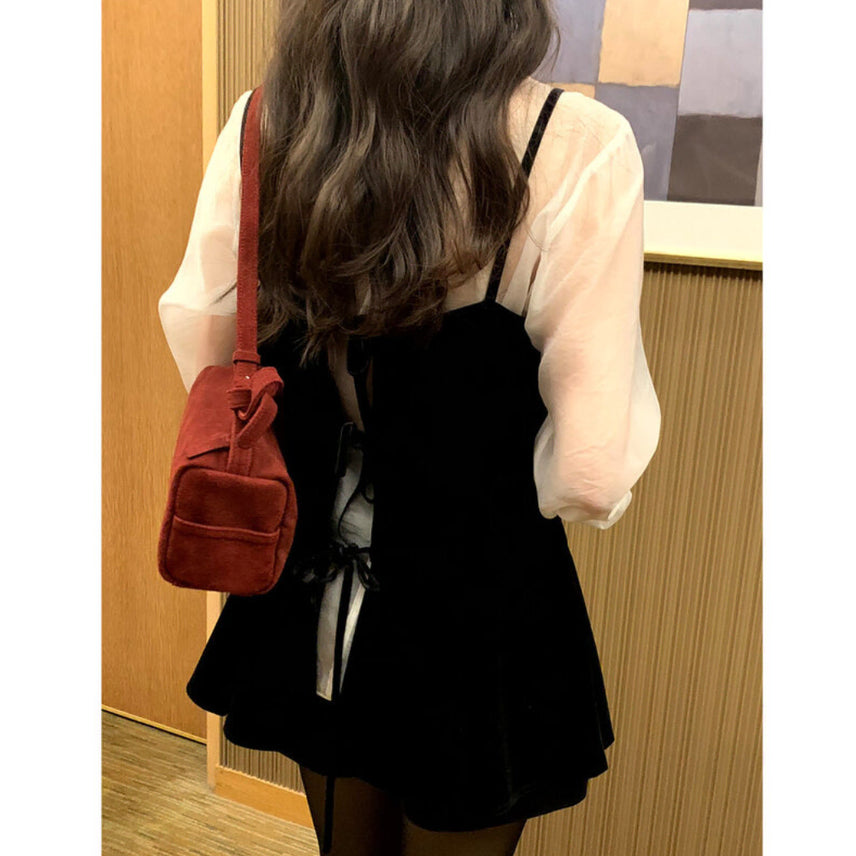 [BUNJANG] Ordinaryment Scarf Blouse and Velvet Mini Dress Set / (1회착용) 오디너리먼트 스카프 블라우스 벨벳 미니 원피스 세트