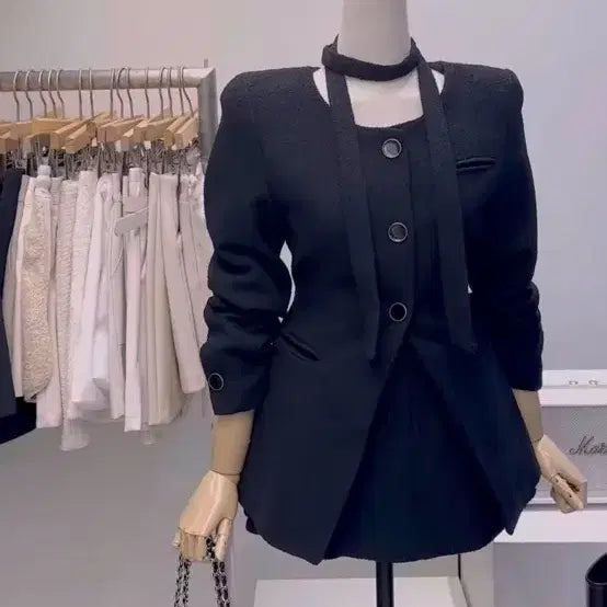 [BUNJANG] Tweed Tie Jacket Two-Piece Set / 트위드 타이 자켓 투피스