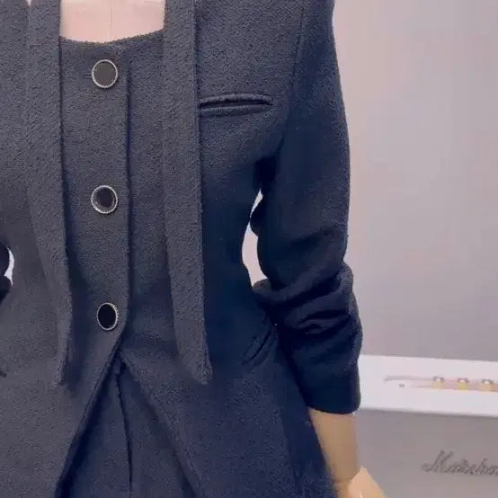 [BUNJANG] Tweed Tie Jacket Two-Piece Set / 트위드 타이 자켓 투피스