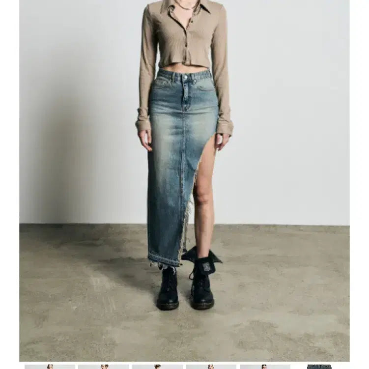 [BUNJANG] Bohemian Seoul Curved Cutting Denim Long Skirt - Size M / 보헤미안서울 커브드 컷팅 데님 롱 스커트 M