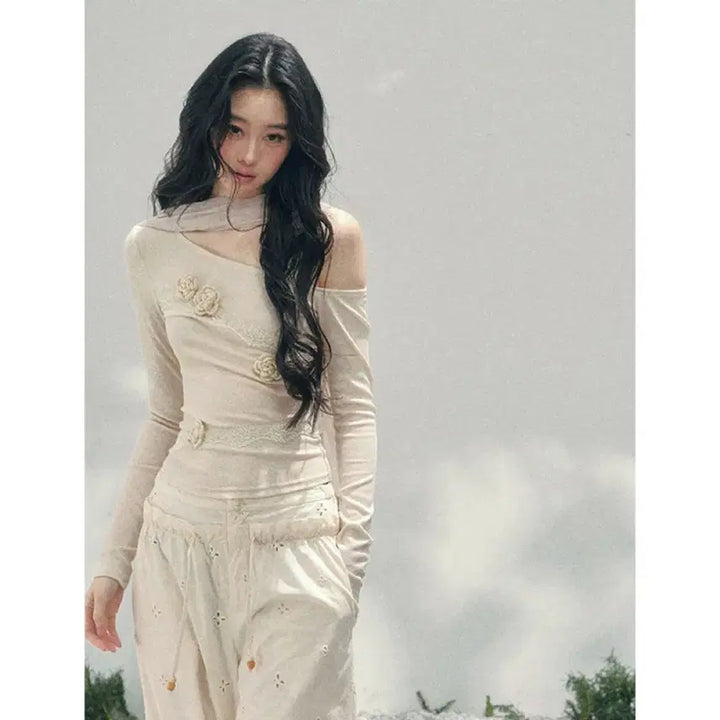 [BUNJANG] ShaoyeEye 3D Floral Lace Off-Shoulder T-shirt / ShaoyeEye 티셔츠 프렌치 스타일 3D 플로럴 레이스 오프숄더