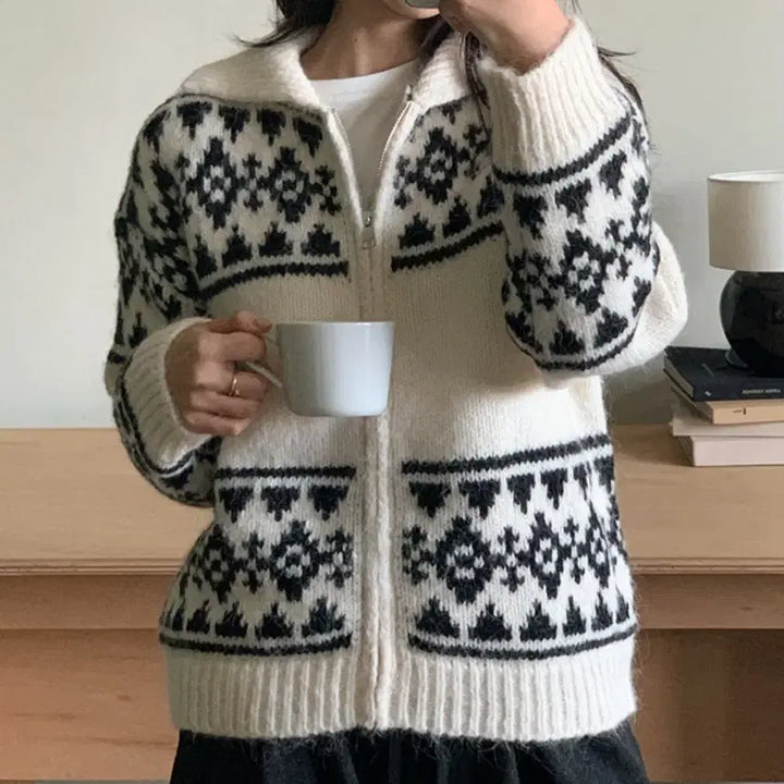 [BUNJANG] Nordic Zip-Up Cardigan (Gray, White) / 노르딕 집업 가디건 2종(회색, 흰색)