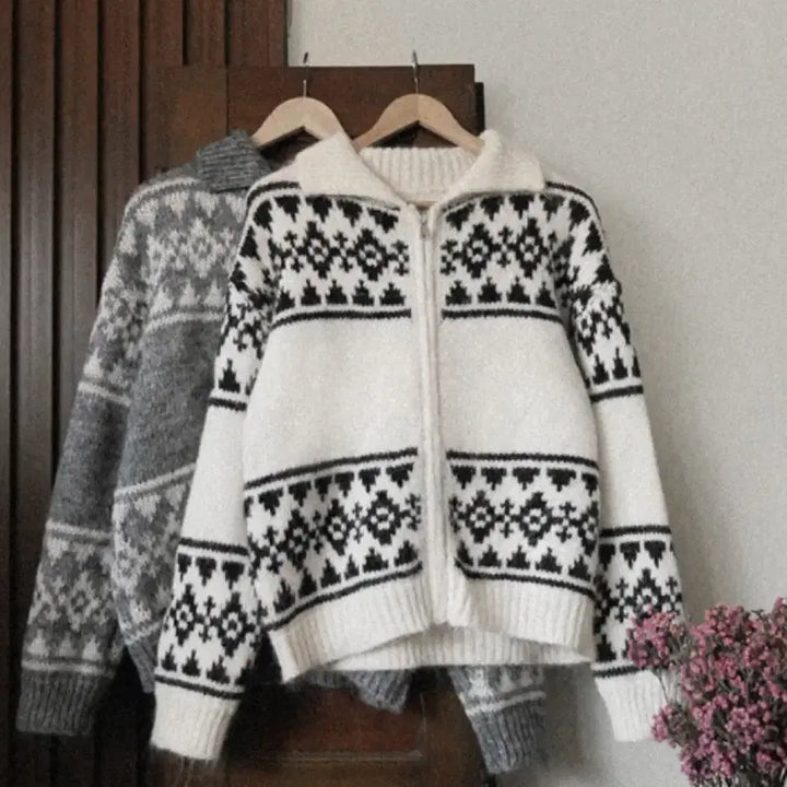 [BUNJANG] Nordic Zip-Up Cardigan (Gray, White) / 노르딕 집업 가디건 2종(회색, 흰색)