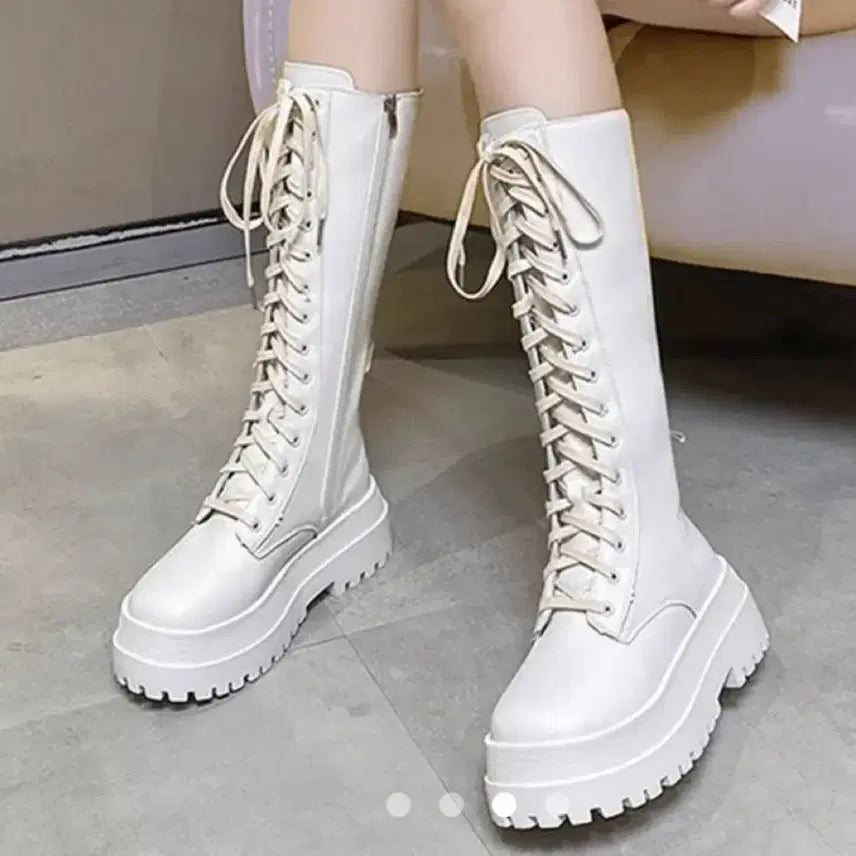 [BUNJANG] Preppy Look Angora Knit Top, Checkered Skirt Pants, and Long Boots Set / (코디세트) 프레피룩 화이트 앙고라 니트 + 체크스커트팬츠+ 워커 롱부츠