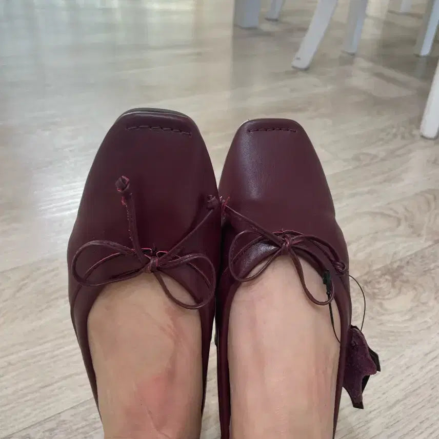 [BUNJANG] Natural Leather Ribbon Flats Burgundy 225 / 새상품 천연가죽 리본 단화 버건디 225